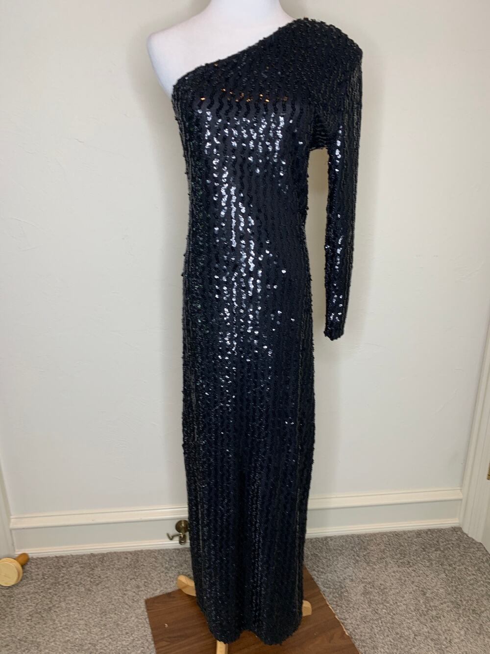 Vintage Full Sequin Black Gown Dress One Shoulder Black Tie Sz 9 / 10 Small